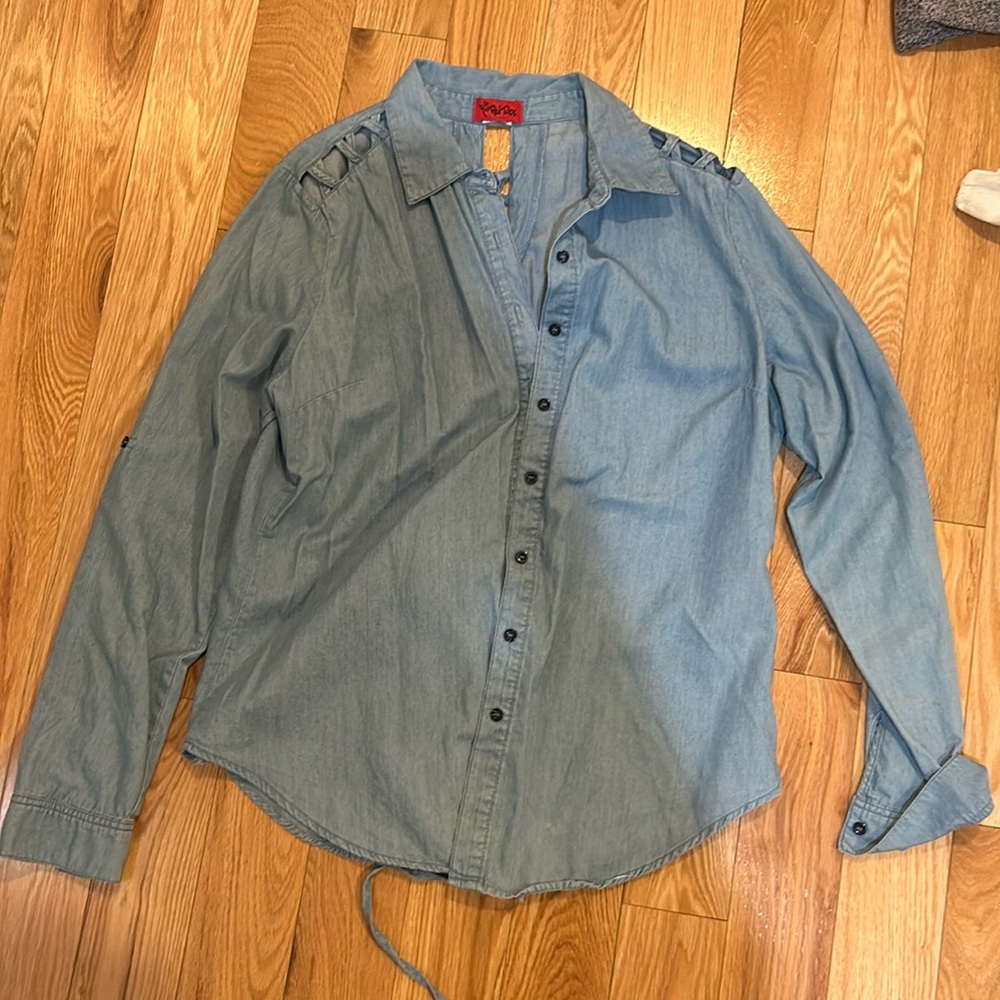Vintage denim cotton button up shirt open lacing detail
